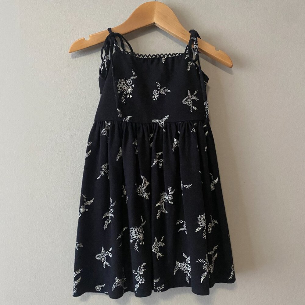 Handmade Children's Cotton Black White Floral Lace Tie Spaghetti Strap Dress